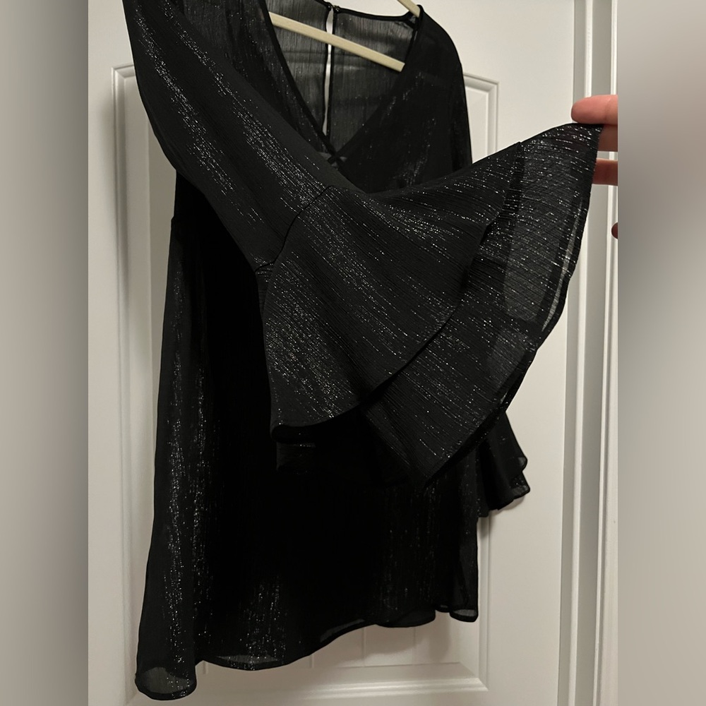 BCBG Generation Black Shimmer Bell Sleeve Top Sheer Metallic Party Dress XS - Picture 5 of 11